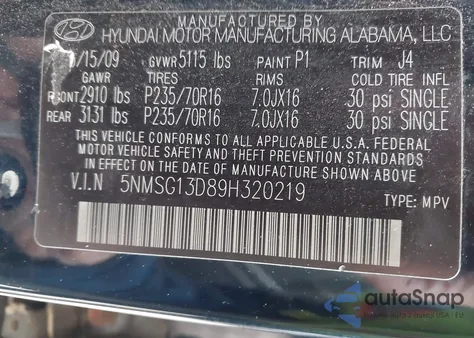 2009 Hyundai Santa Fe Gls from USA, damaged, VIN 5NMSG13D89H320219